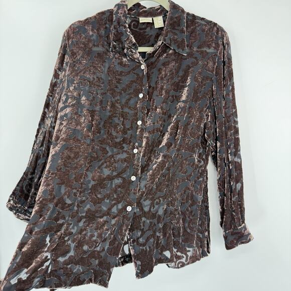 Merona Silk Blend Velvet Burn-out Button Up Top Gray Mauve Floral size Medium - Picture 5 of 9